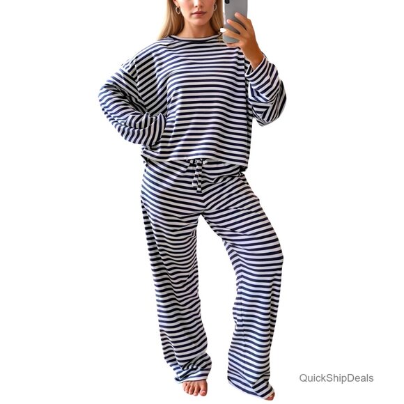 Women's Striped 2-Piece Lounge Set Long Sleeve Tee Wide Leg Pants